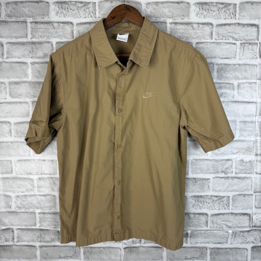 Nike Mens Short Sleeve Button Down Shirt Khaki Tan Cotton HJ2029-297 Small